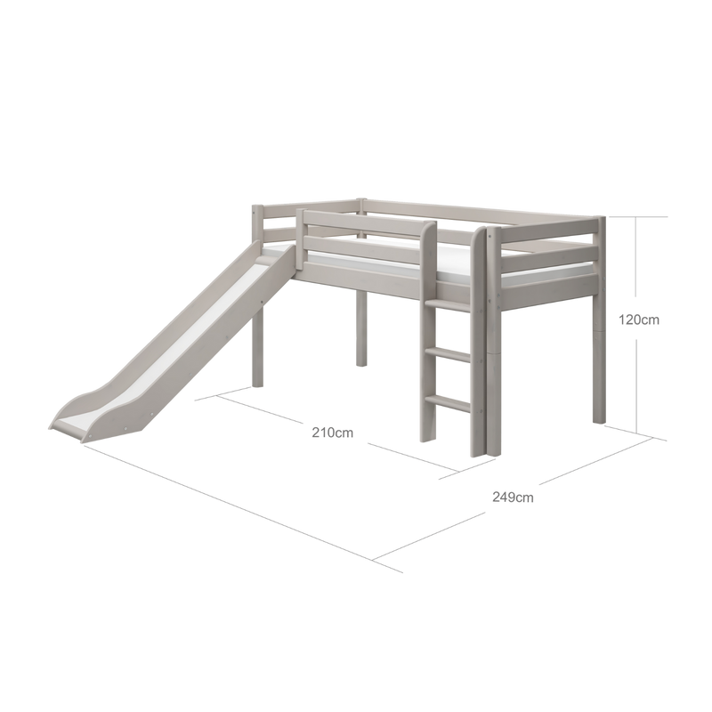Mid-High Bed with Slide and Ladder, 90x200 cm, Grey