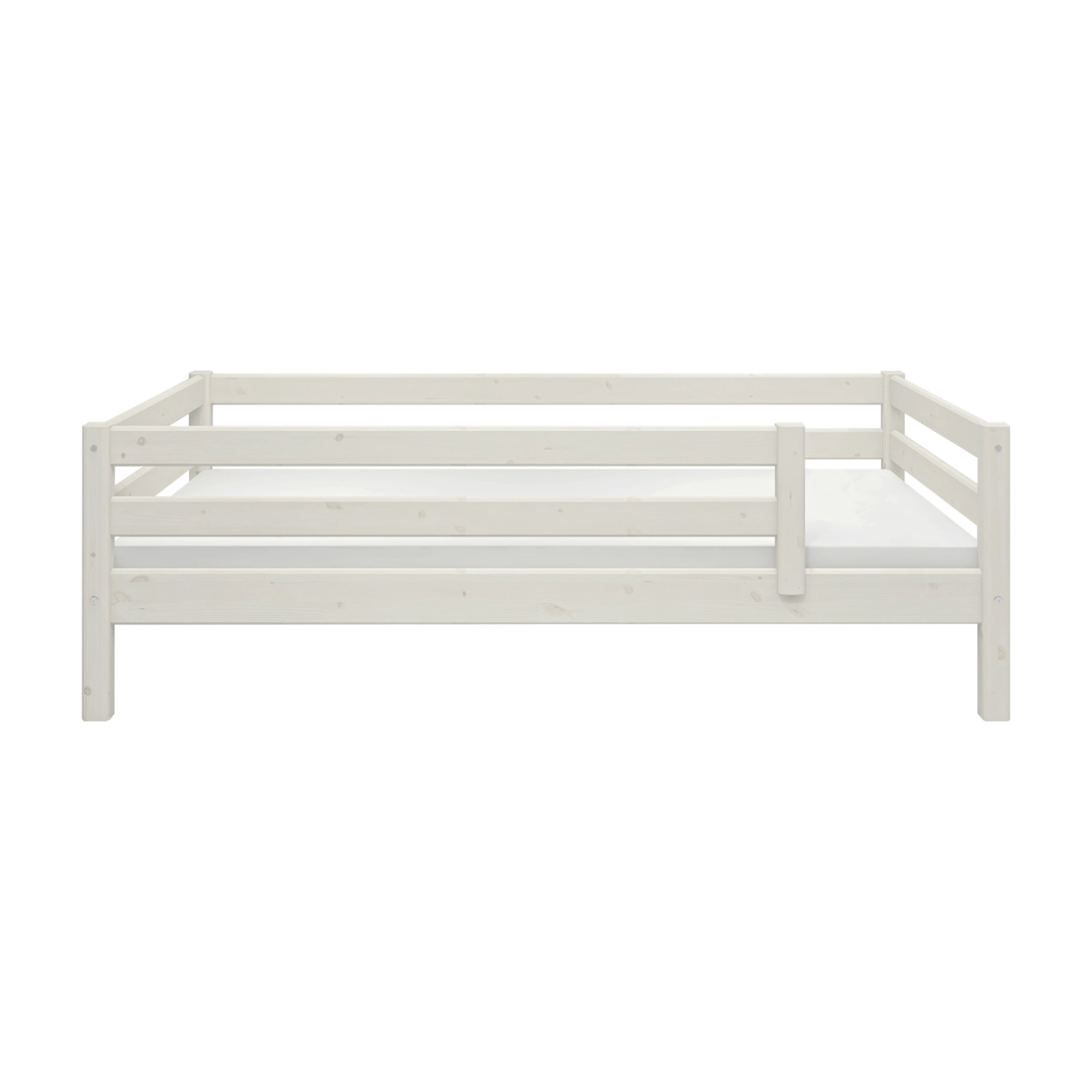 FLEXA bed rail, CLASSIC collection, 3/4 length in white solid pine, surrounds three sides for child safety, plain backdrop.