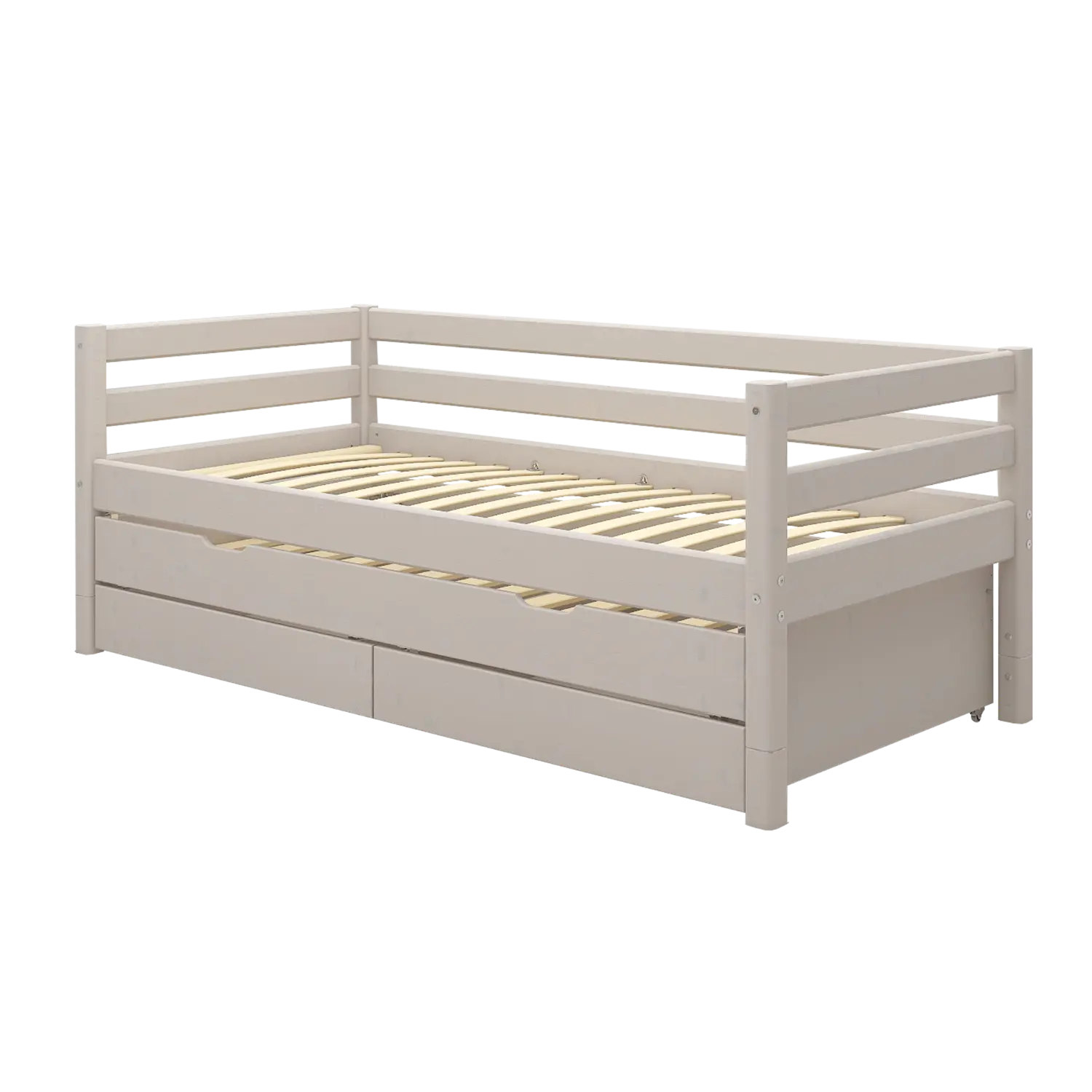 Single Bed with Pull-out Bed, Storage and Safety Rail, 90x200 cm, Grey SINGLE_BED single-bed-with-trundle-pullout-bed-grey-washed  flexa-com.myshopify.com