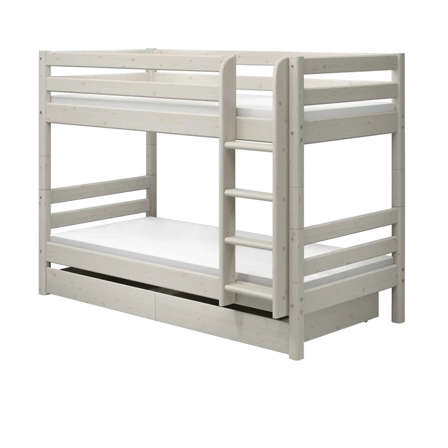 Bunk Bed 154 cm with Pull-out Drawer, Ladder and Safety Rail, 90x200 cm, White BUNKBED bunk-bed-with-straight-ladder-white-washed-3  flexa-com.myshopify.com