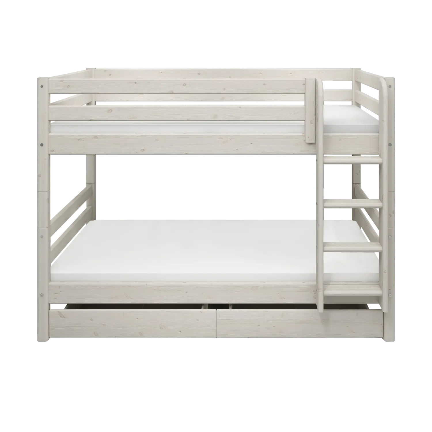 Bunk Bed 154 cm with Pull-out Drawer, Ladder and Safety Rail, 90x200 cm, White BUNKBED bunk-bed-with-straight-ladder-white-washed-3  flexa-com.myshopify.com