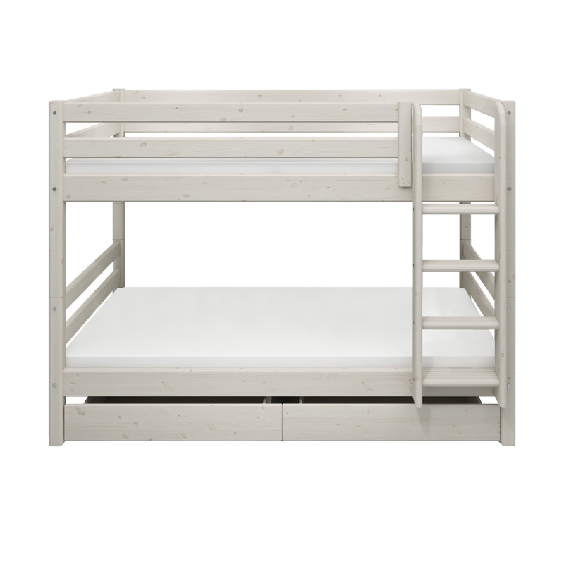 Lit superposé 154 cm avec lit gigogne, échelle et barrière de sécurité, 90x200 cm, Blanc