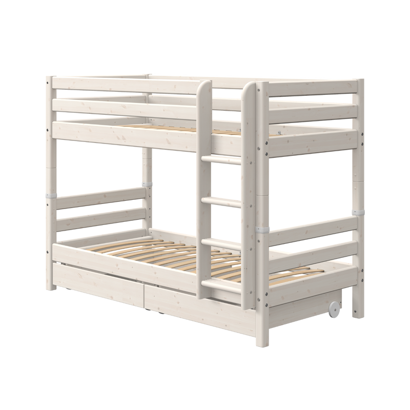 Lit superposé 154 cm avec lit gigogne, échelle et barrière de sécurité, 90x200 cm, Blanc