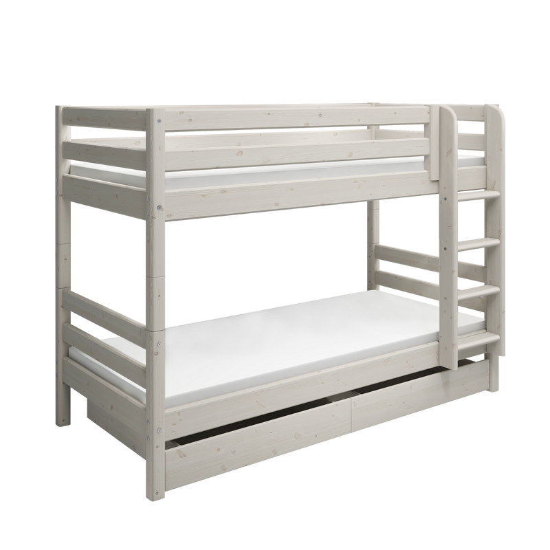 Lit superposé 154 cm avec lit gigogne, échelle et barrière de sécurité, 90x200 cm, Blanc