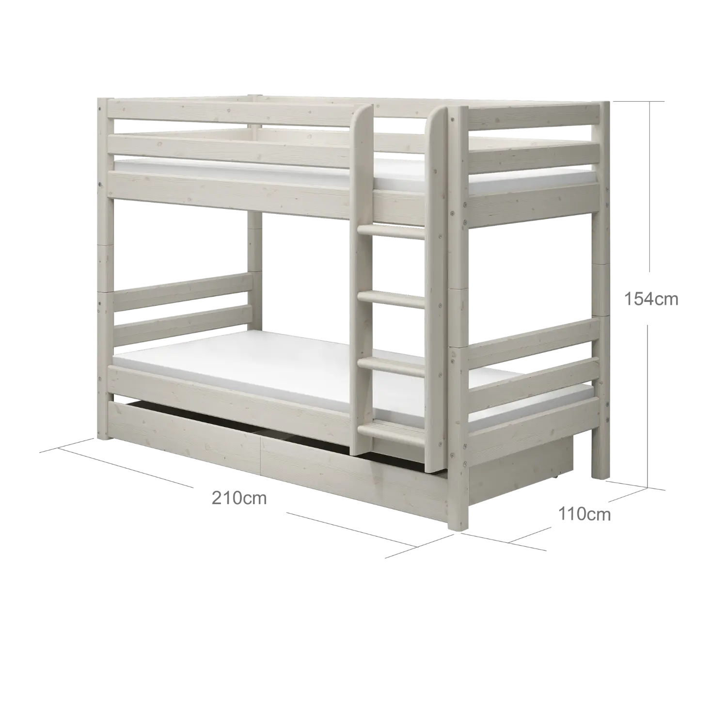 Bunk Bed 154 cm with Pull-out Drawer, Ladder and Safety Rail, 90x200 cm, White BUNKBED bunk-bed-with-straight-ladder-white-washed-3  flexa-com.myshopify.com