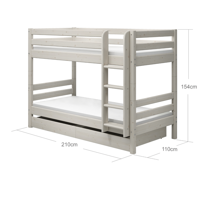 Lit superposé 154 cm avec lit gigogne, échelle et barrière de sécurité, 90x200 cm, Blanc