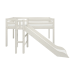 FLEXA loft bed from WHITE collection in solid pine with dividing safety rail, ladder and slide, shown in child’s bedroom.