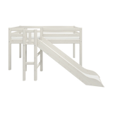 FLEXA loft bed from WHITE collection in solid pine with dividing safety rail, ladder and slide, shown in child’s bedroom.