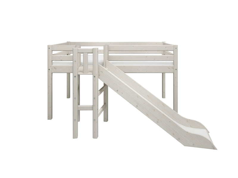 Mid-high Bed with Slide and Safety Rail, 90x200 cm, White