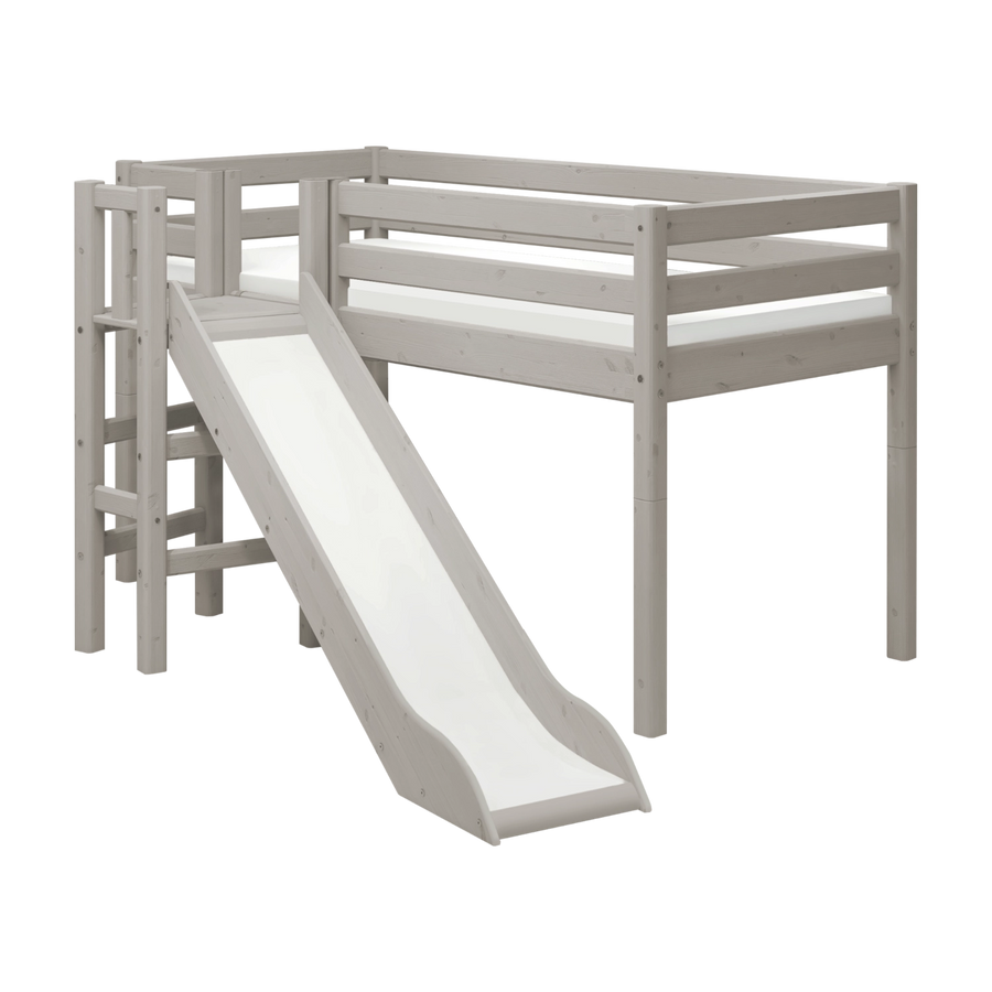 FLEXA-Hochbett für Kinder aus der CLASSIC-Serie in Grau, 90 x 200 cm, mit Rutsche, Leiter und Sicherheitsgitter; abgebildet in einem Kinderzimmer.