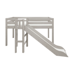 FLEXA grey divided safety rail on solid pine MID-HIGH LOFT bed with left ladder, right slide in bright children’s room.