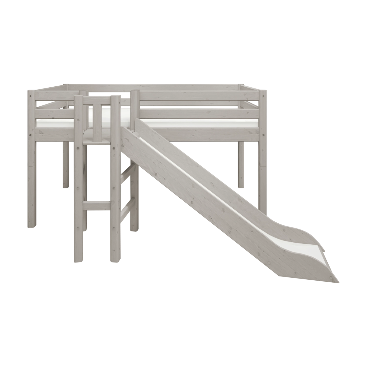FLEXA grey divided safety rail on solid pine MID-HIGH LOFT bed with left ladder, right slide in bright children’s room.