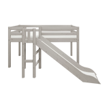 FLEXA grey divided safety rail on solid pine MID-HIGH LOFT bed with left ladder, right slide in bright children’s room.