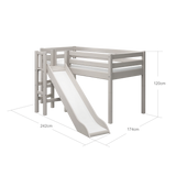 Lit haut 120 cm avec toboggan et barrière de sécurité, 90x200 cm, Gris