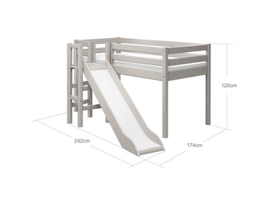 Mid-high Bed with Slide and Safety Rails, 90x200 cm, Grey