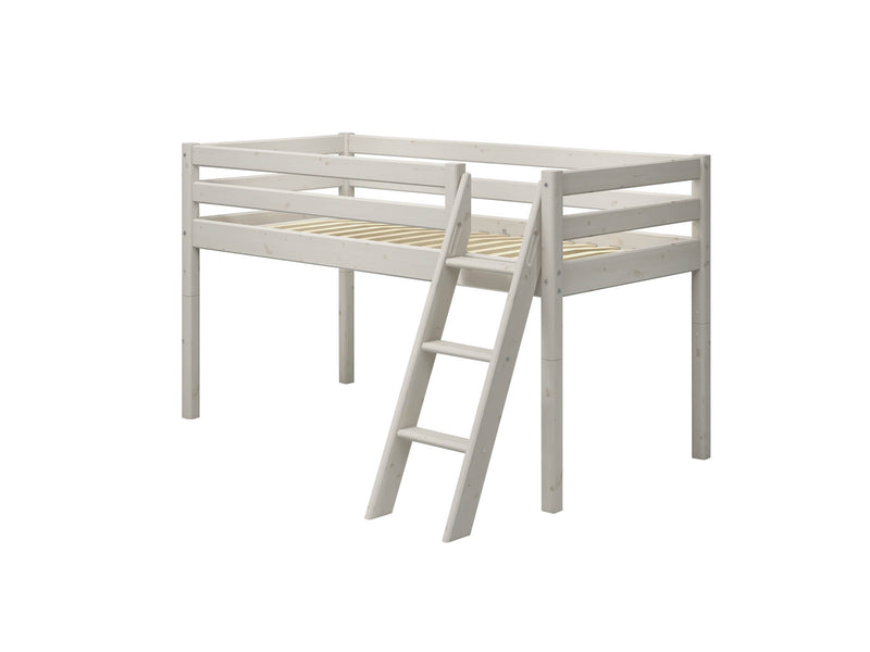 Mid-High Bed with Slanting Ladder and Safety Rail, 90x200 cm, White