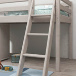 FLEXA slanting ladder, grey, for high bed, with blue rug and toys on pale wood floor in a child’s room.