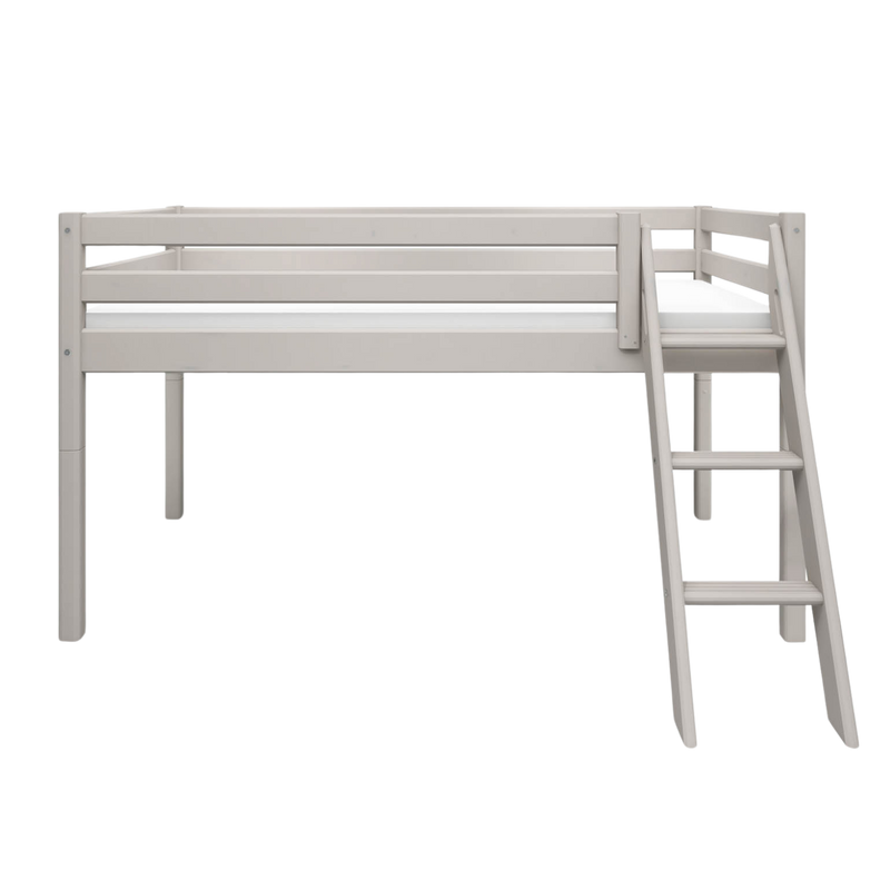 Mid-High Bed with Slanting Ladder and Safety Rail, 90x200 cm, Grey