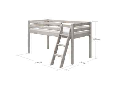 Mid-High Bed with Slanting Ladder and Safety Rail, 90x200 cm, Grey