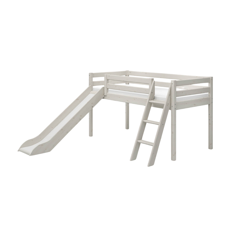 Mid-High Bed with Slide and Ladder, 90x200 cm, White