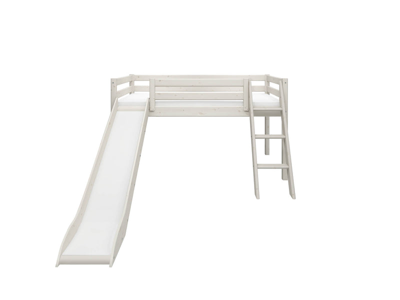 Mid-high Bed with Slide and Slanting Ladder, 90x200 cm, White