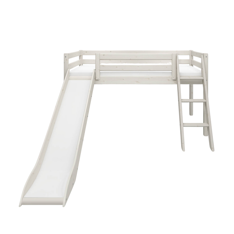 Mid-High Bed with Slide and Ladder, 90x200 cm, White