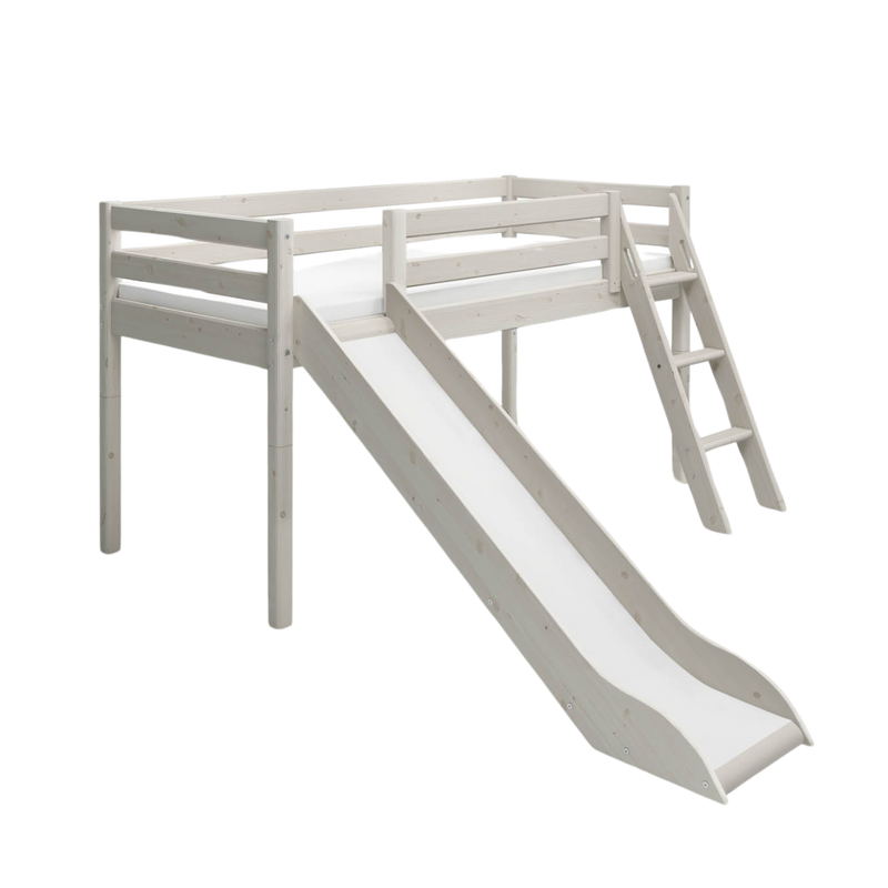 Mid-High Bed with Slide and Ladder, 90x200 cm, White