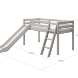 Mid-High Bed with Slide and Ladder, 90x200 cm, Grey