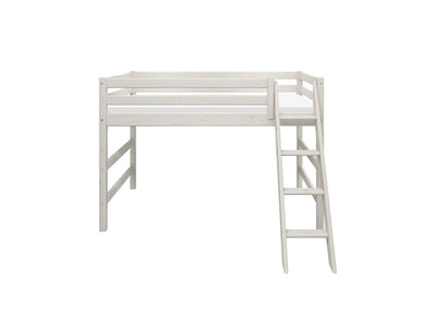 Semi-high Bed with Slanting Ladder and Safety Rail, 90x200 cm, White