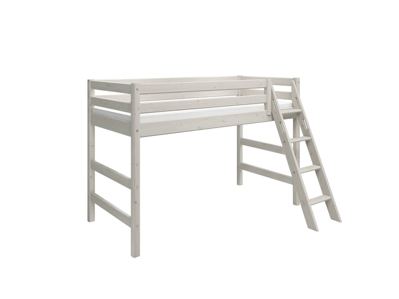 Semi-high Bed with Slanting Ladder and Safety Rail, 90x200 cm, White