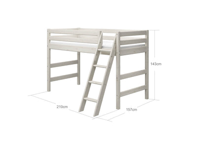 Semi-high Bed with Slanting Ladder and Safety Rail, 90x200 cm, White