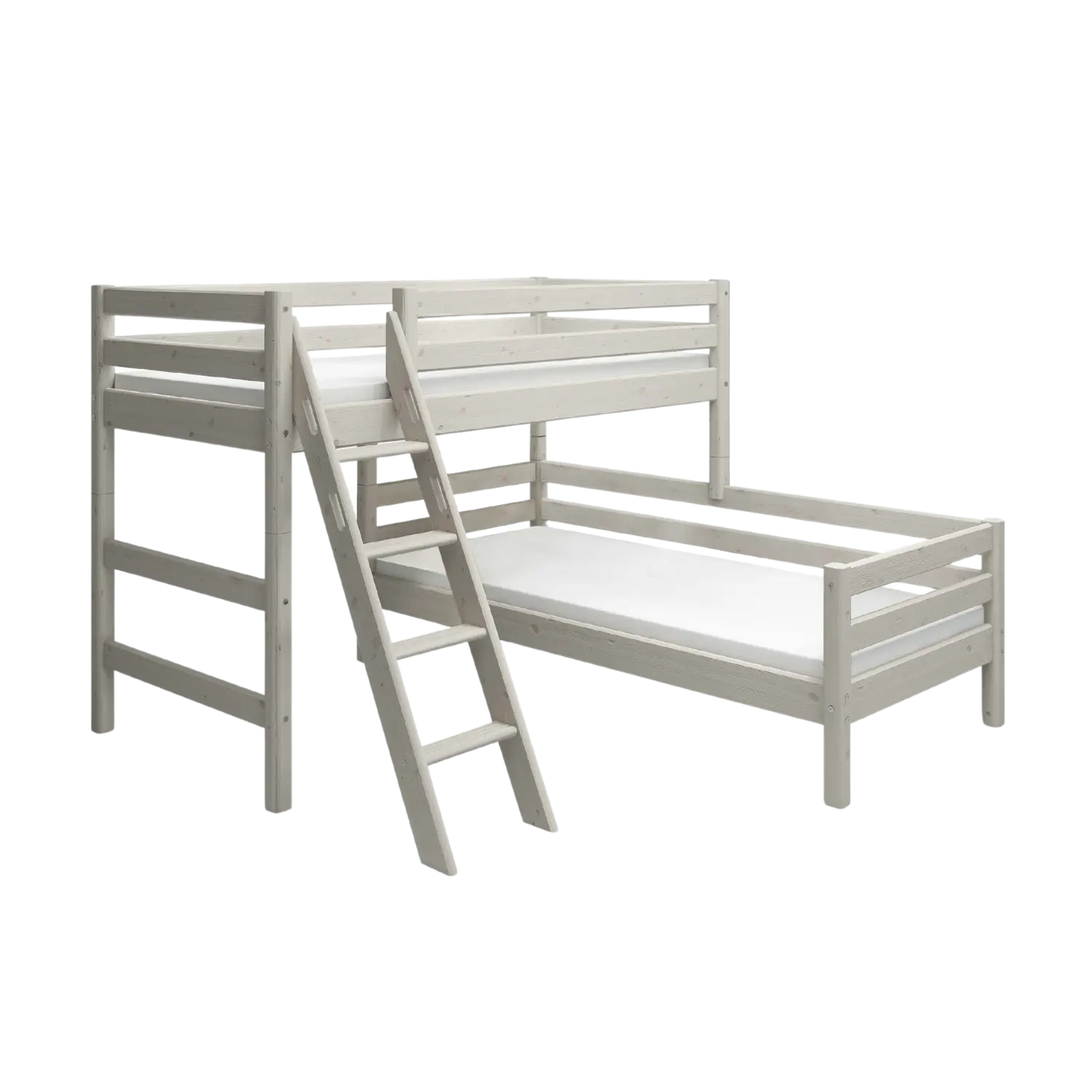 Bunk Bed 143 cm with Ladder and Safety Rail, 90x200 cm, White BED_CLASSIC_SEMI-HIGH-BED semi-high-bed-w-slanting-ladder-white-washed-2  flexa-com.myshopify.com