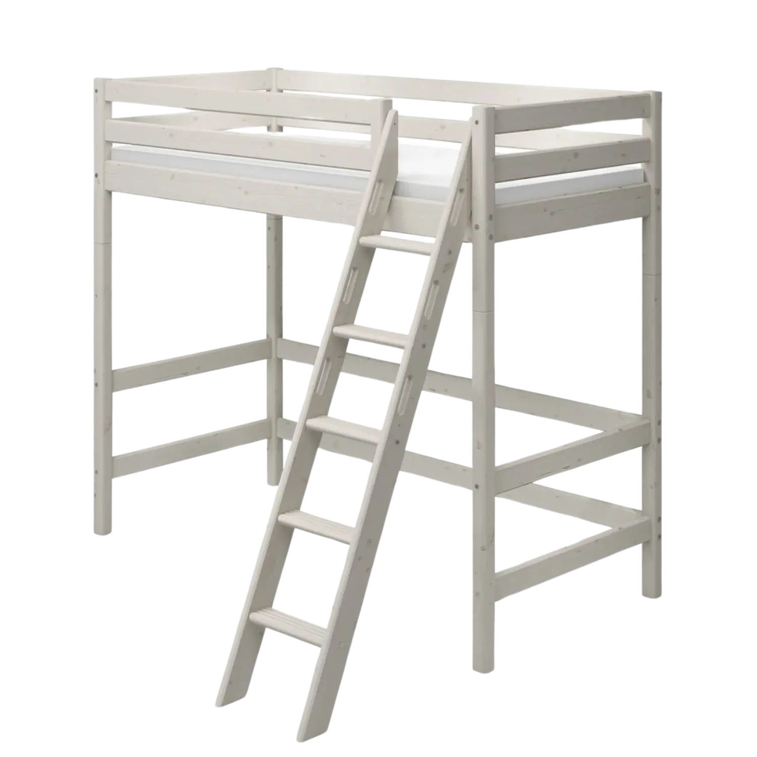 High Bed 184 cm with Ladder and Safety Rail, 90x200 cm, White BED_CLASSIC_HIGH-BED high-bed-with-slanting-ladder-white-washed-1  flexa-com.myshopify.com