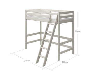 High Bed with Slanting Ladder and Safety Rail, 90x200 cm, White