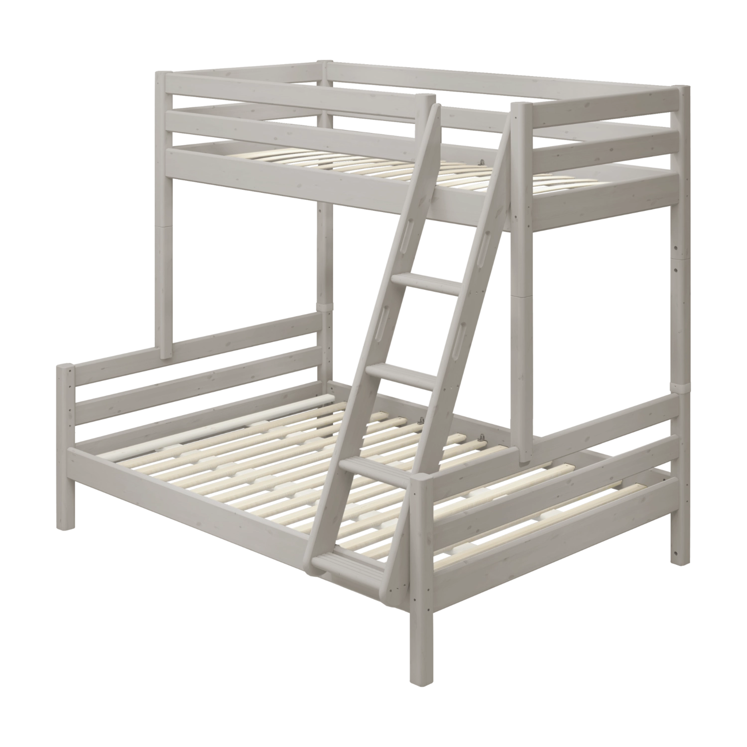 Échelle inclinée grise FLEXA pour lit superposé, en pin massif avec marches antidérapantes, conception sécurisée pour la chambre denfant.