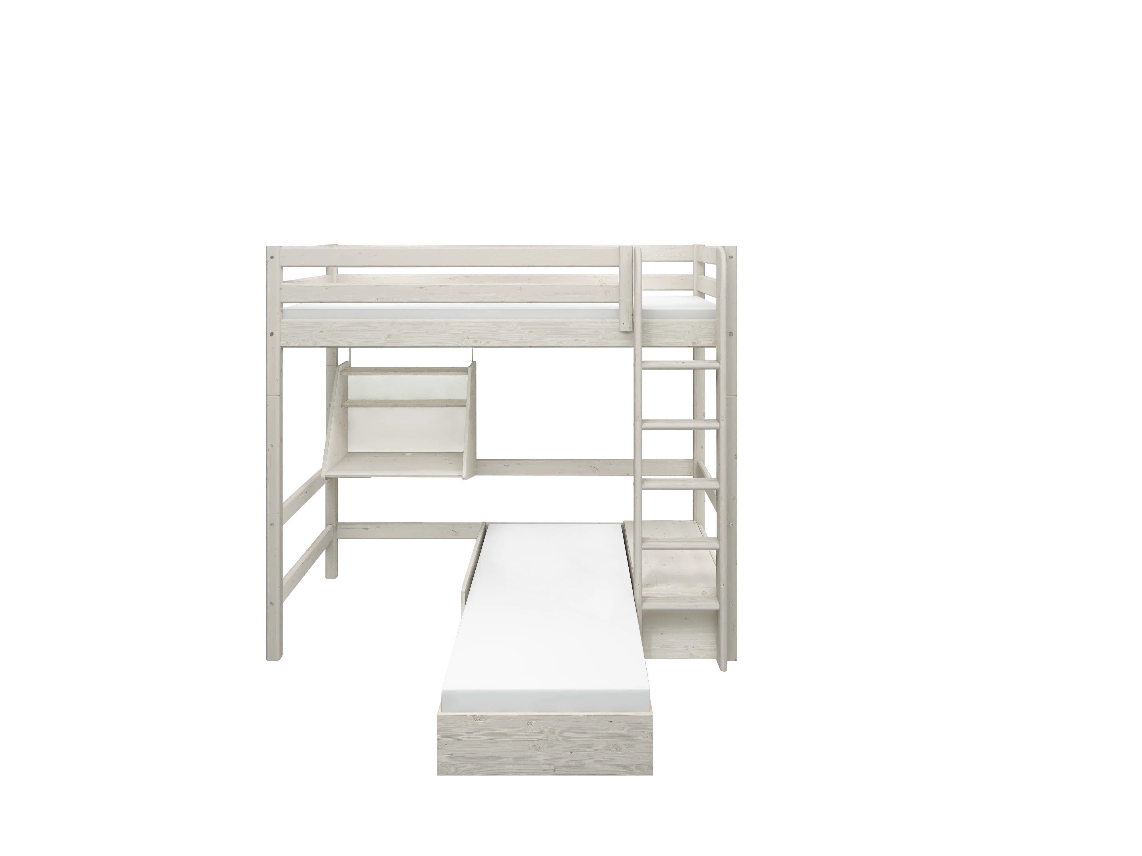 FLEXA WHITE højt soveværelse med sofa, skrivebord, stige og sikkerhedsgelænder; moderne børneværelsesmøbler med sikre designfunktioner.