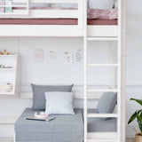 FLEXA HIGH BED in white with sofa, desk, ladder and safety rail; child-safe; shown in children’s bedroom setting.