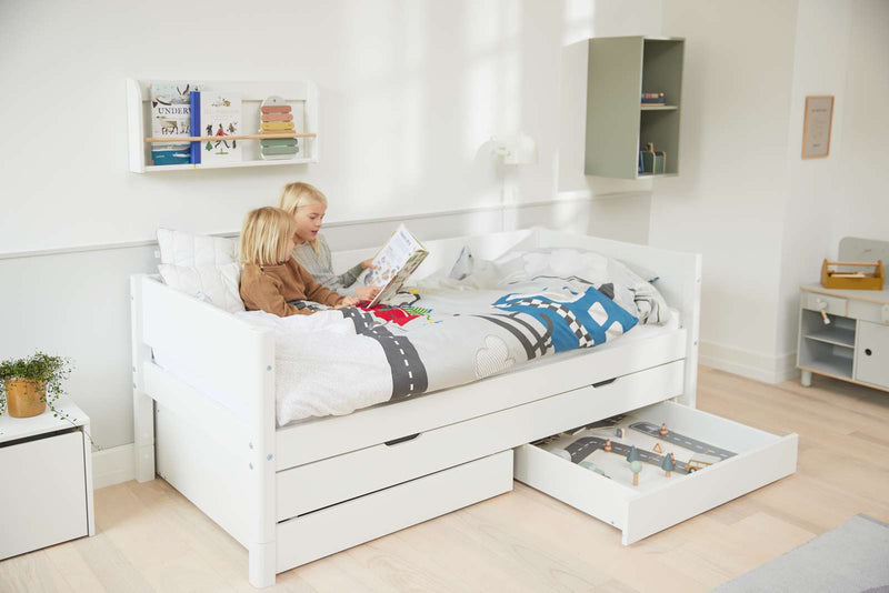 Single Bed with Pull-out Bed, Storage and Safety Rail, 90x200 cm, White