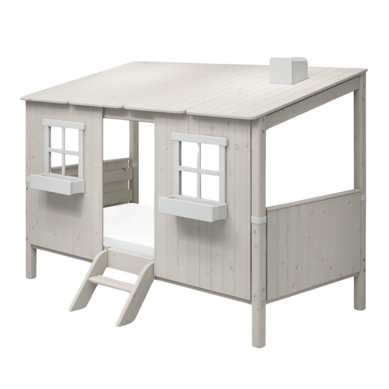 FLEXA WHITE huisframe voor eenpersoons- en halfhoogslapers met twee ramen, een ladder en een schuin dak, afgebeeld in een kinderkamer.