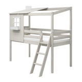 Lit haut 120 cm avec 1/2 maison, échelle et barrière de sécurité, 90x200 cm, Blanc