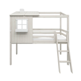Lit haut 120 cm avec 1/2 maison, échelle et barrière de sécurité, 90x200 cm, Blanc
