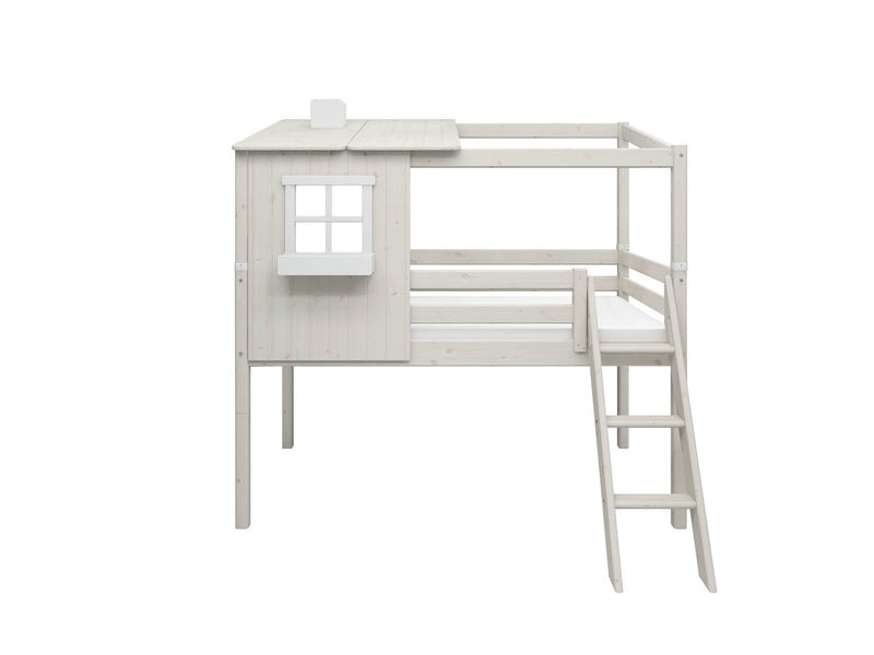 Mid-high Bed with 1/2 House, Slanting Ladder and Safety Rail, 90x200 cm, White