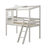 Lit haut 120 cm avec 1/2 maison, échelle et barrière de sécurité, 90x200 cm, Blanc