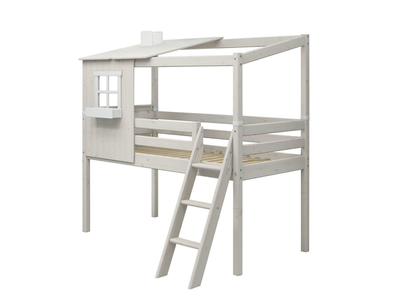 Mid-high Bed with 1/2 House, Slanting Ladder and Safety Rail, 90x200 cm, White