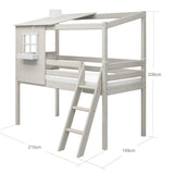 Lit haut 120 cm avec 1/2 maison, échelle et barrière de sécurité, 90x200 cm, Blanc