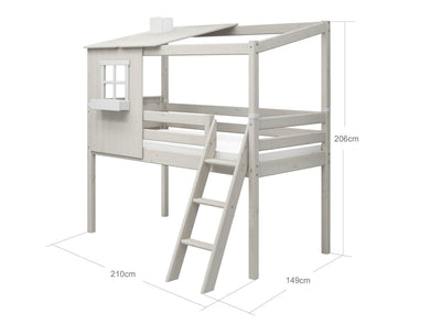 Mid-high Bed with 1/2 House, Slanting Ladder and Safety Rail, 90x200 cm, White