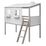 Lit haut 120 cm avec maison et échelle, 90x200 cm, Blanc/Gris