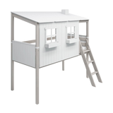 Lit haut 120 cm avec maison et échelle, 90x200 cm, Blanc/Gris
