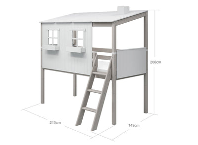 Mid-high Bed with House and Slanting Ladder, 90x200 cm, White/Grey