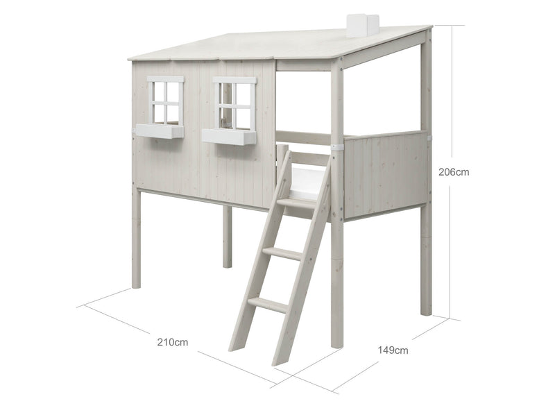 Mid-high Bed with House, Slanting Ladder and Safety Rail, 90x200 cm, White